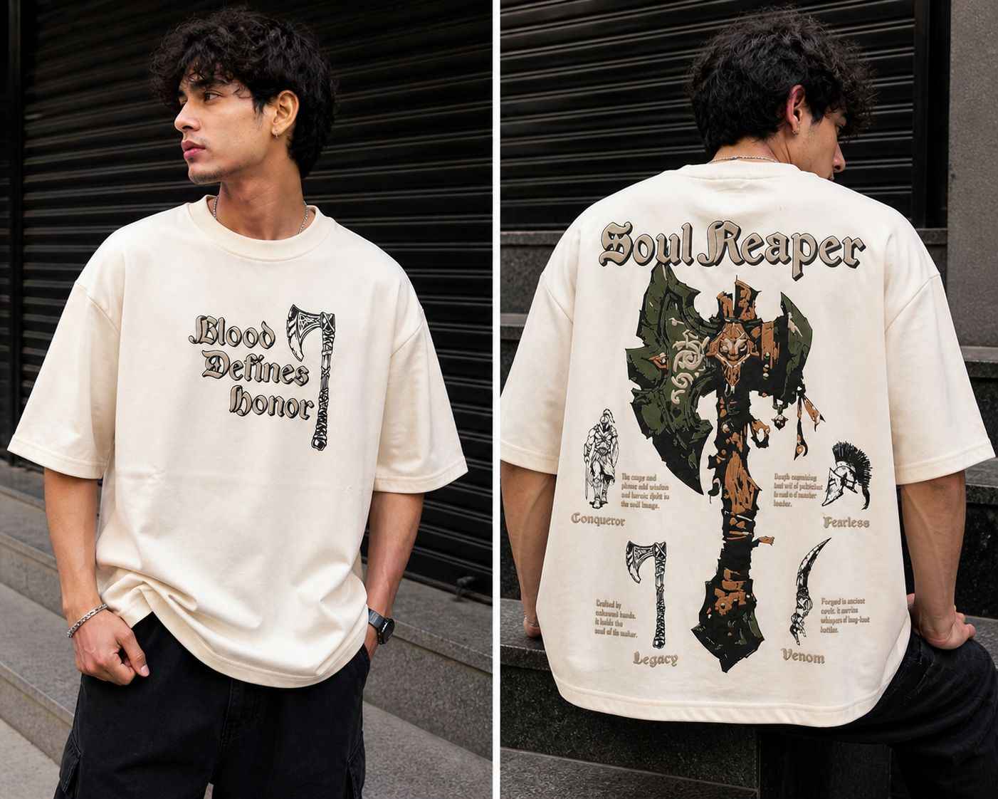 Soul Reaper Oversized T-Shirt - Blood Defines Honor in White - Rawvein